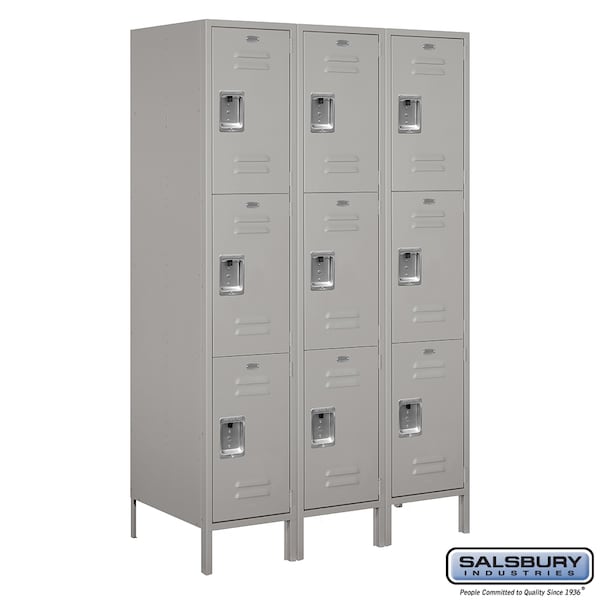 3 Tier Metal Locker, 54"Wx78"Hx21"D, 9 Door, Gray, Unassembled